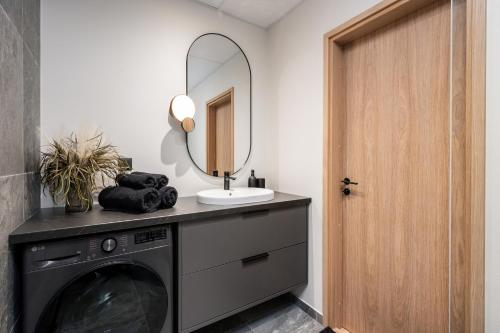 a bathroom with a washing machine and a mirror at Siili Riverview Stay in Tartu