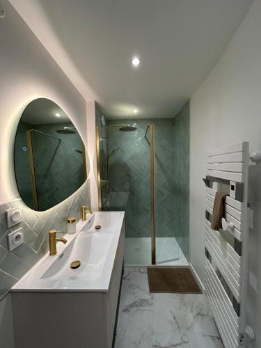 a bathroom with a white sink and a shower at La maison du viaduc in Chauvigny