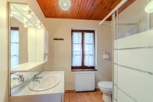 a bathroom with a sink and a toilet and a mirror at La grange du Petit Roure - A 20 km de Saint-Etienne in Grand Roure