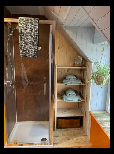 a bathroom with a shower and a shelf with towels at Fisherman's Cottage in Orkney