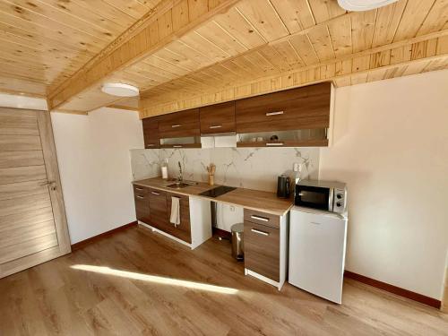 a kitchen with wooden cabinets and a counter top at Apartmány u náměstí in Chřibská