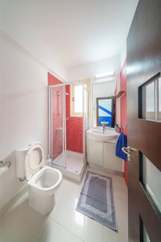 a bathroom with a toilet and a shower and a sink at Villa Waves in Mazotos
