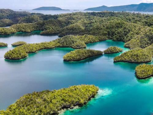 una vista aérea de un grupo de islas en el agua en Shandy Sea, en Besir