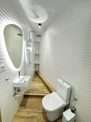 a bathroom with a toilet and a sink and a mirror at Karanasiou Apartment in Tríkala