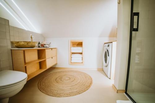 Renovated City Centre Apartment في مادونا: حمام مع مرحاض ومغسلة وغسالة