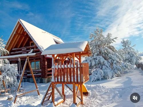 a log cabin in the snow with a swing at VILA LENA in Kokin Brod