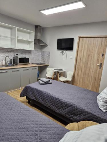 een slaapkamer met een bed en een keuken met een aanrecht bij Central Platinum Apartments 5 in Rybnik