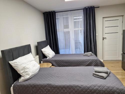 twee bedden in een kamer met een raam bij Central Platinum Apartments 5 in Rybnik
