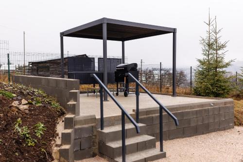 eine Bushaltestelle mit einem Mülleimer auf der Treppe in der Unterkunft Blackwood Retreat in Neagra Şarului