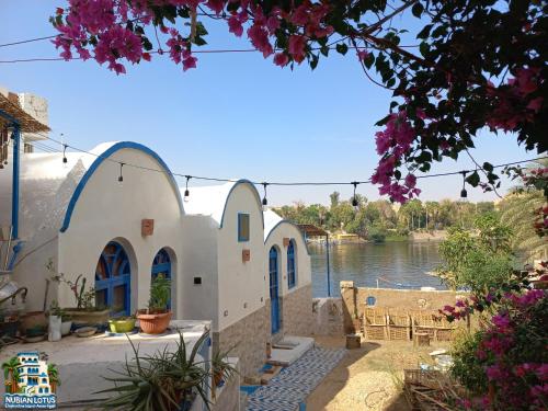 Un grupo de edificios blancos con un río al fondo. en Nubian Lotus, en Asuán