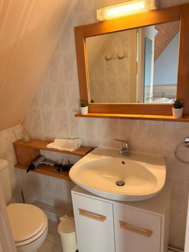 Un baño con lavabo, inodoro y espejo. en Studio, en Pleuven