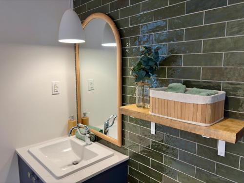 une salle de bains avec un lavabo et un miroir dans l'établissement Pur Nature Garthby et Sauna, à Saint-Gérard