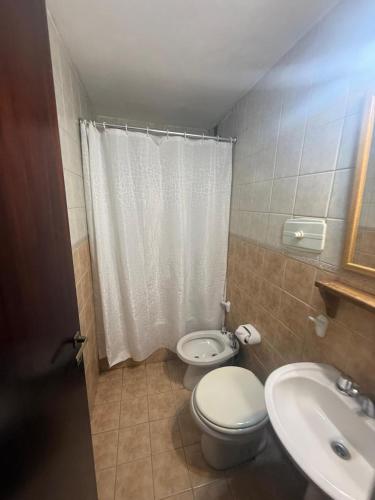 a small bathroom with a toilet and a sink at Apart Hotel Posta Marina in San Antonio Oeste