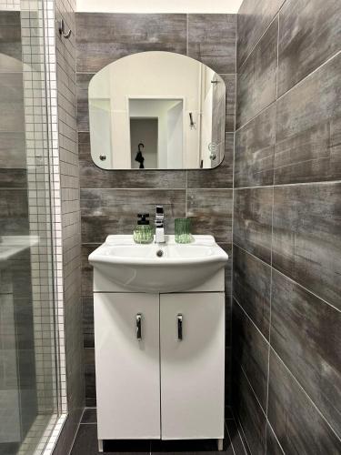 a bathroom with a white sink and a mirror at CenterPoint Apartment in Karlovy Vary