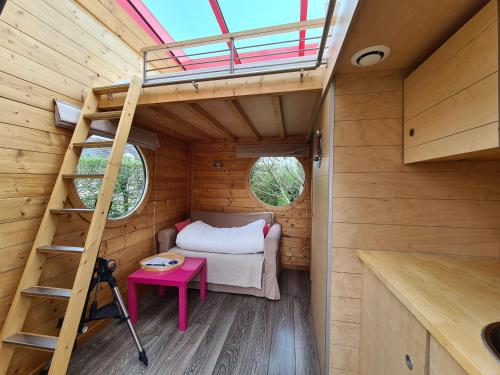 a tiny house with a loft bed and a ladder at Le Carré d'Etoiles / Domaine de la Crapaudine in Rosnay