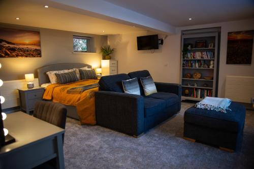 a bedroom with a bed and a blue couch at 1 Bedroom studio with free parking in Truro
