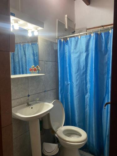 a bathroom with a toilet and a sink and a blue shower curtain at Arboleda in Jardín América