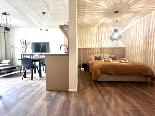 Farska apartman priamo v centre Nitry في نيترا: غرفة نوم بسرير ومطبخ مع طاولة