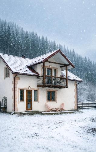 a house with a balcony in the snow at Pink House Karpaty in Krivorovnya