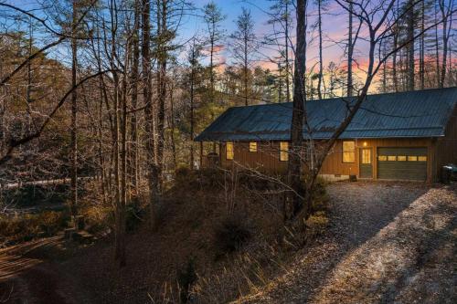 a house with a green roof in the woods at Serene Cabin Overlooking Large Pond in Brevard