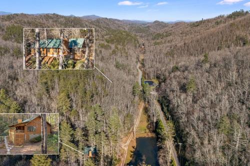 an aerial view of a house in a forest at Maple Gap Cabins - 66 Acre Nature Retreat with TWO Charming Cabins in Brevard
