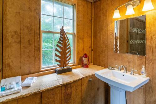 een badkamer met een wastafel en een raam bij Summerset Ridge - 100 Acre Reserve, River Access, and Endless Adventure! in Cullowhee