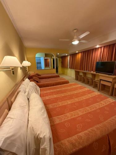a hotel room with a large bed and a flat screen tv at Hotel Colonos in Las Grutas
