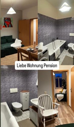 two pictures of a bathroom and a living room at Liebe Wohnung Pension in Penig