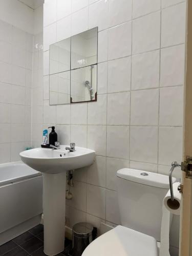 een badkamer met een wastafel, een toilet en een spiegel bij Smart Junction in Norwood