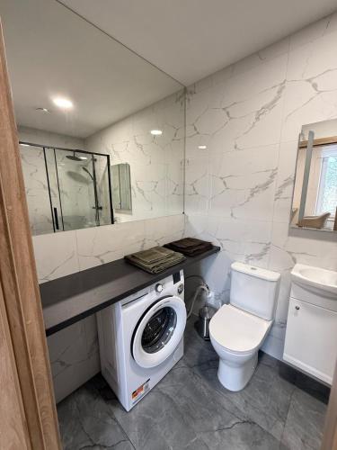une salle de bains avec lave-linge et toilettes dans l'établissement Green apartment, à Jelgava
