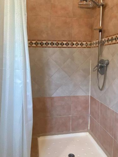 a bathroom with a shower with a shower curtain at Simply Holzer in Kinneret