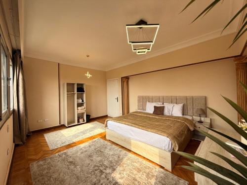 ein Schlafzimmer mit einem Bett und einer Pflanze in der Unterkunft Golden mile - Downtown Cairo in Kairo