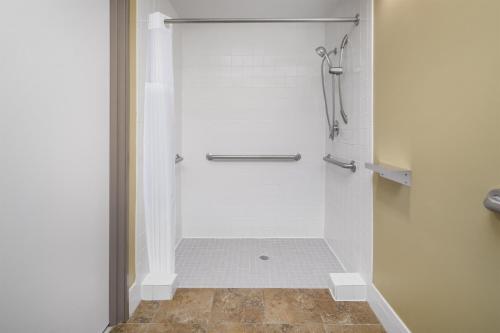 a bathroom with a shower stall with a tiled floor at Aiden Austin City Hotel in Austin