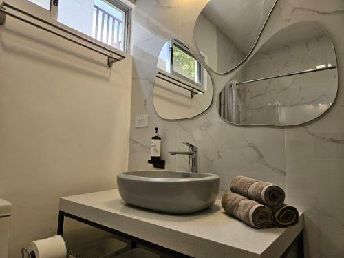 Jardin De Poas Hotel & Nature Resort في Poás: حمام مع حوض ومرآة ومناشف