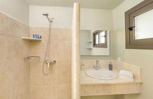 un bagno con lavandino e doccia di The Stone House a Oziás