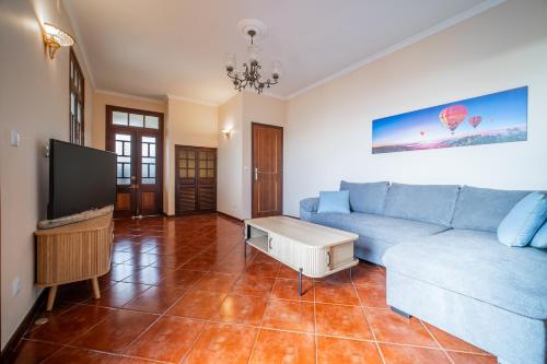 Una sala de estar con un sofá azul y un televisor en Ferienhaus Treibholz, en Funchal