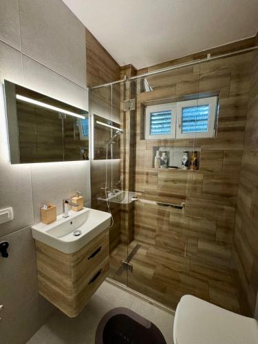 a bathroom with a toilet and a sink and a shower at Red House Apartment in Kotor