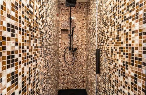 Thea- Duomo Centro storico في مونزا: حمام مع دش في جدار من البلاط