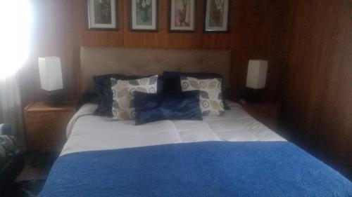 a bedroom with a blue and white bed with pillows at Apartamento Costanera in Punta Arenas