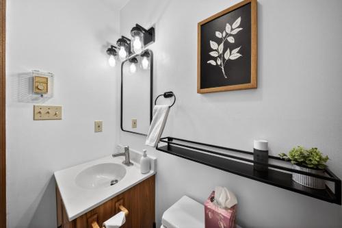 a bathroom with a sink and a mirror at Private Pocono Retreat with Hot Tub and Fire Pit in Thornhurst