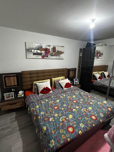 Un dormitorio con una cama con una colcha colorida. en Apparemment 3 pièce Strasbourg Ilkirch graffenstaden, en Illkirch-Graffenstaden