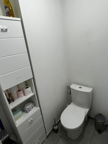 baño con aseo y armario blanco en Apparemment 3 pièce Strasbourg Ilkirch graffenstaden, en Illkirch-Graffenstaden
