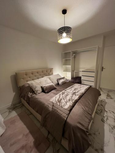 a bedroom with a large bed and a chandelier at Appartement spacieux centre Colmar in Colmar