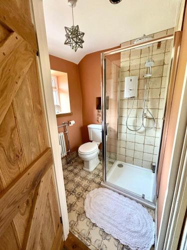 a bathroom with a shower and a toilet at Maggies Cottage in Little Broughton