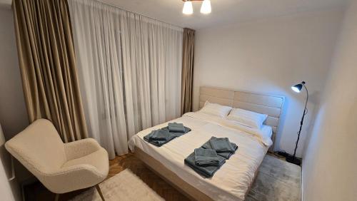a bedroom with a bed with a chair and a lamp at Shakespeare Central Apartment in Craiova