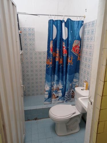 a bathroom with a toilet and a blue shower curtain at VILLA ELSA in El Colegio