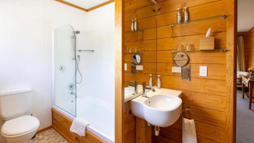 Birds Ferry Lodge Luxury B&B في ويستبورت: حمام مع حوض ودش ومرحاض