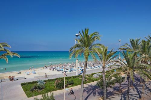 a view of a beach with palm trees and the ocean at Myseahouse Flamingo - Adults Only 4* Sup in Playa de Palma