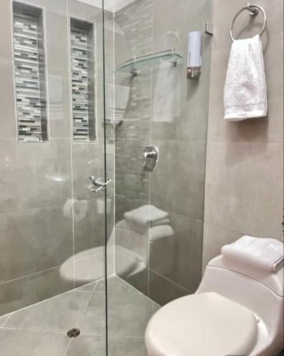 a bathroom with a glass shower with a toilet at Fami Hotel Luz de Luna in Jardin