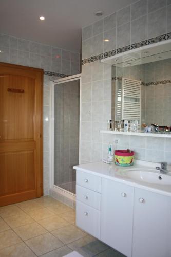 y baño con lavabo blanco y ducha. en Chambre d'hôtes Le Lavandin en Kleingoeft
